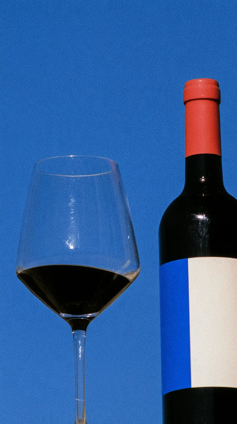 Una copa de vino tinto a medio llenar junto a una botella con cápsula roja y etiqueta azul y blanca, contra un cielo azul.