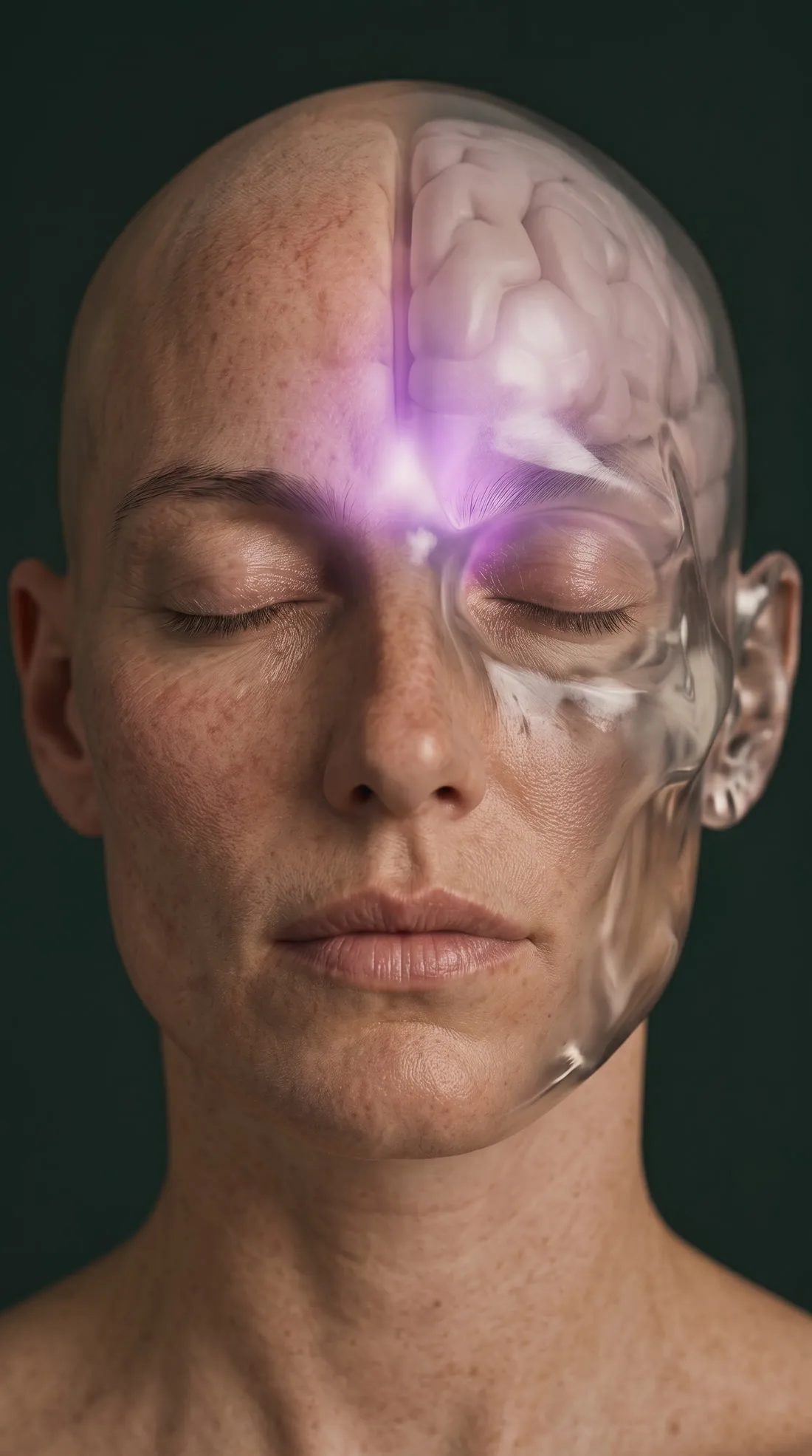 Real y cristal combinados: un rostro mitad piel, mitad cristal.