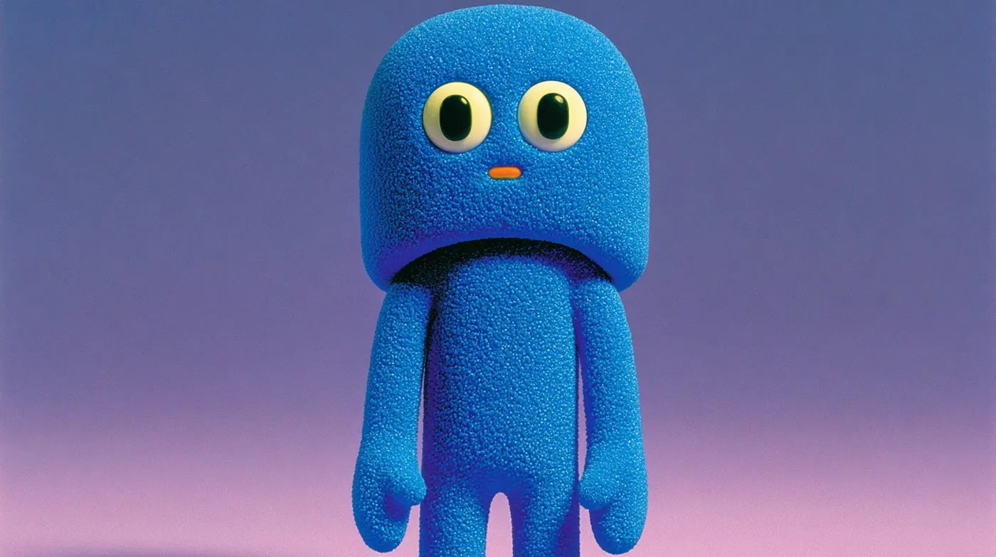 Criatura azul de peluche con ojos de cristal.