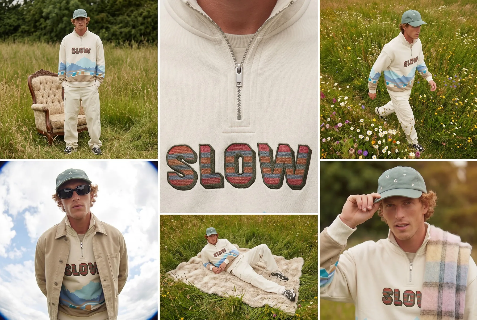Campaña de campo: seis fotos con la misma sudadera bordada, entre hierba y flores.