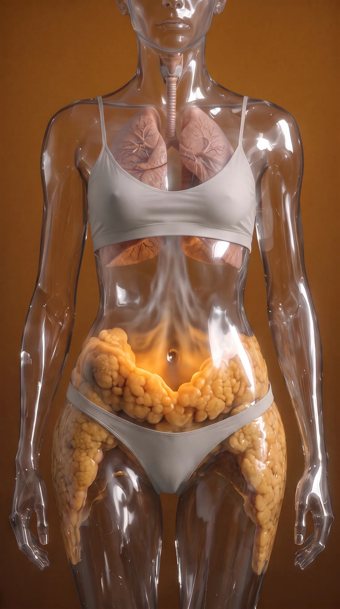Cristal: el torso transparente, con pulmones e intestino a la vista.