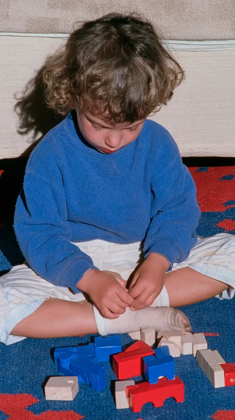 Un niño de pelo rizado y jersey azul, sentado en una alfombra, juega concentrado con bloques de construcción de madera, azules y rojos.