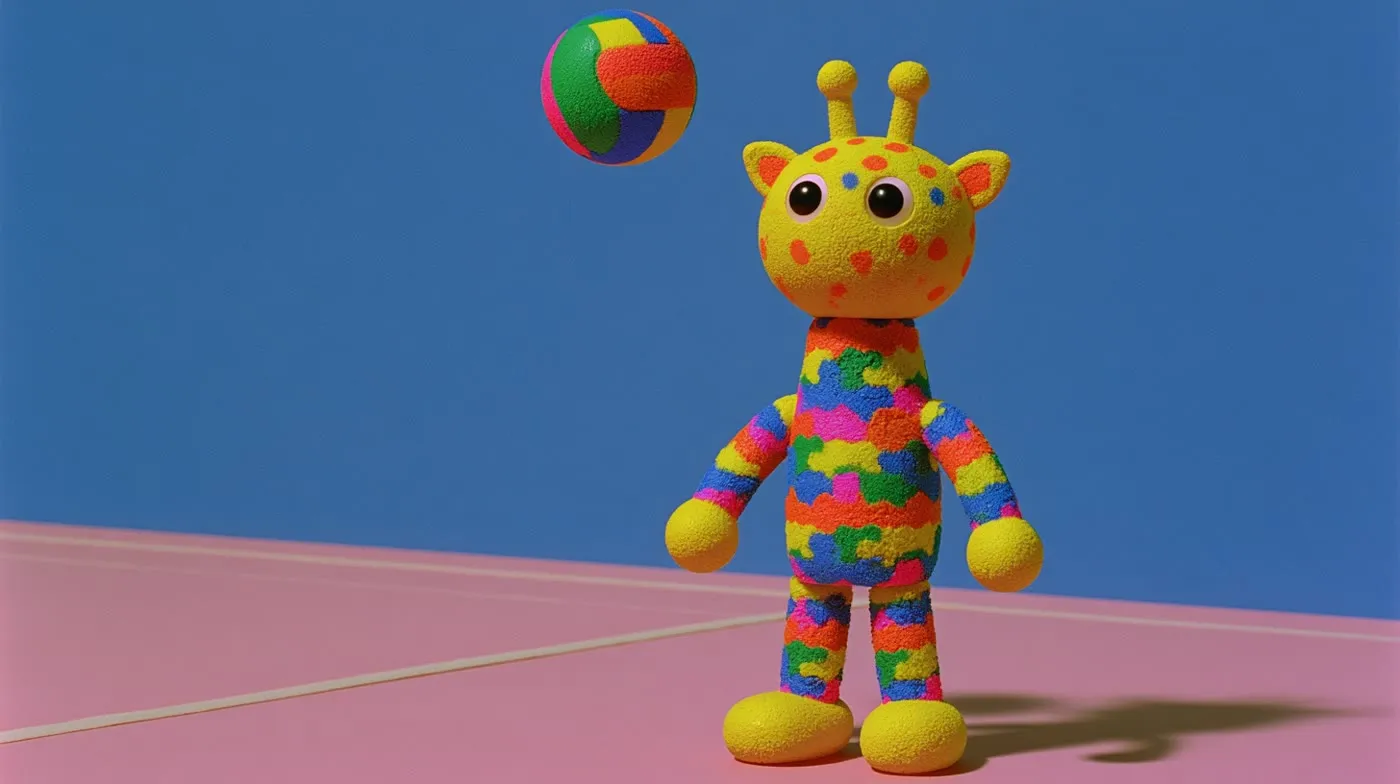 Jirafa de colores con un balón de voleibol.