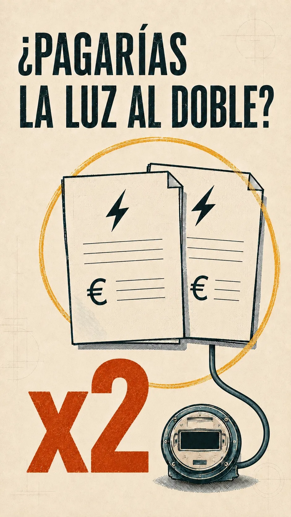 Fotograma: «¿Pagarías la luz al doble?», con dos recibos y un contador.