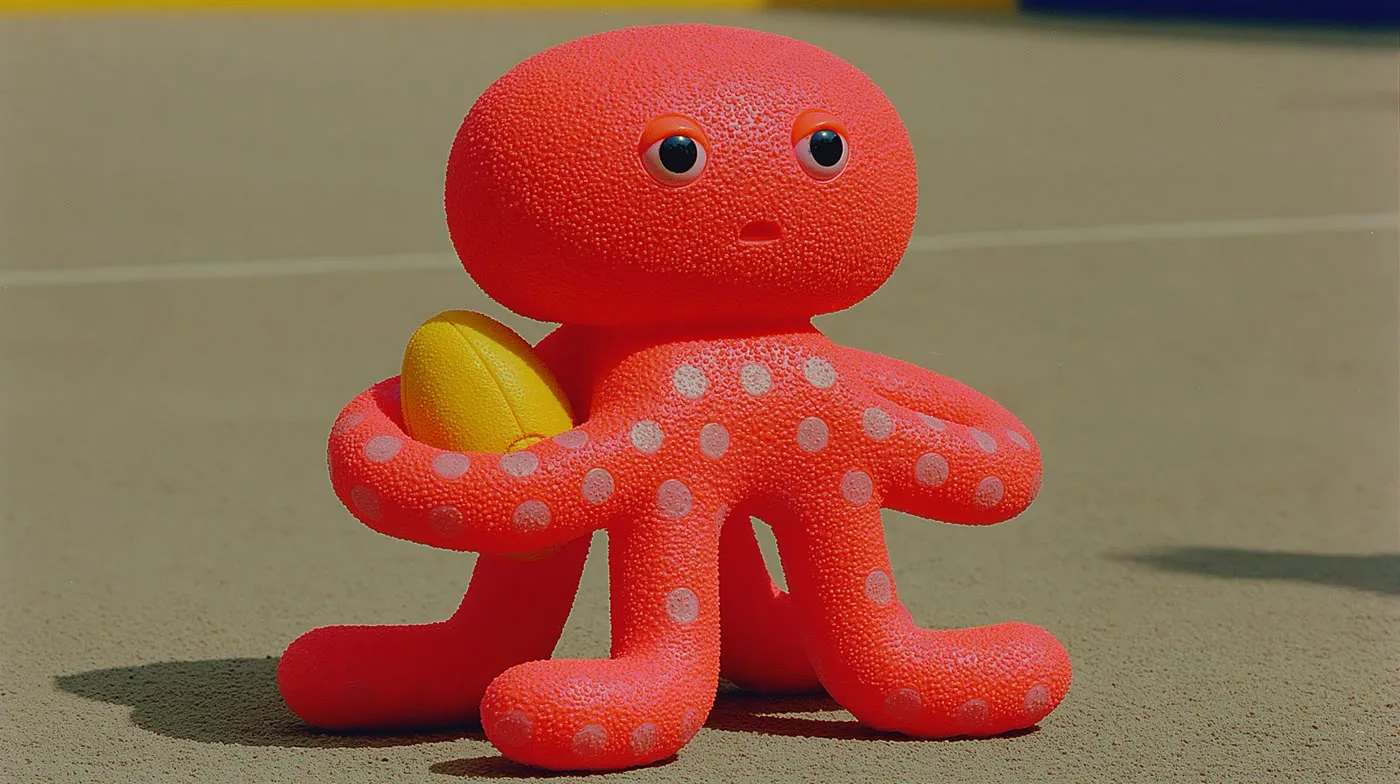 Pulpo rojo de juguete con un balón ovalado, sobre una pista.
