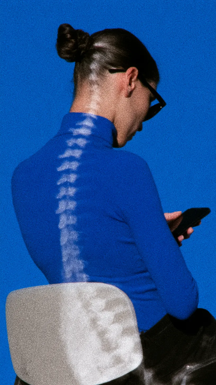 Una mujer de espaldas, con jersey azul de cuello alto, mira el móvil; sobre el jersey se transparenta su columna vertebral.