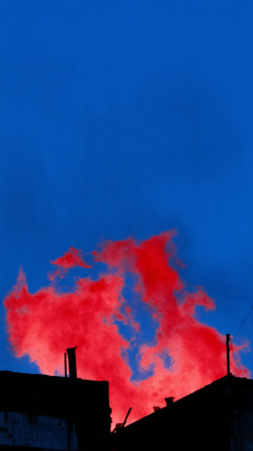 Una nube de humo rojo se levanta detrás de los tejados oscuros de unos edificios, contra un cielo azul de anochecer.