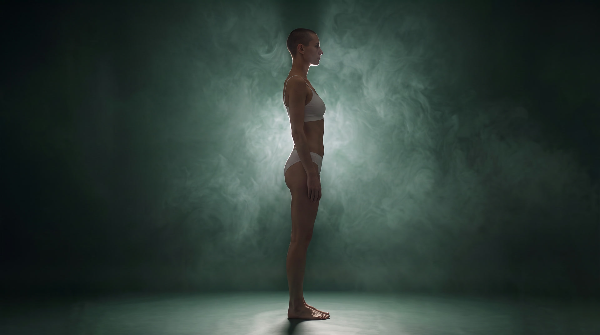 Marfil: ella de perfil, de pie y serena, en un estudio oscuro con humo verde azulado.